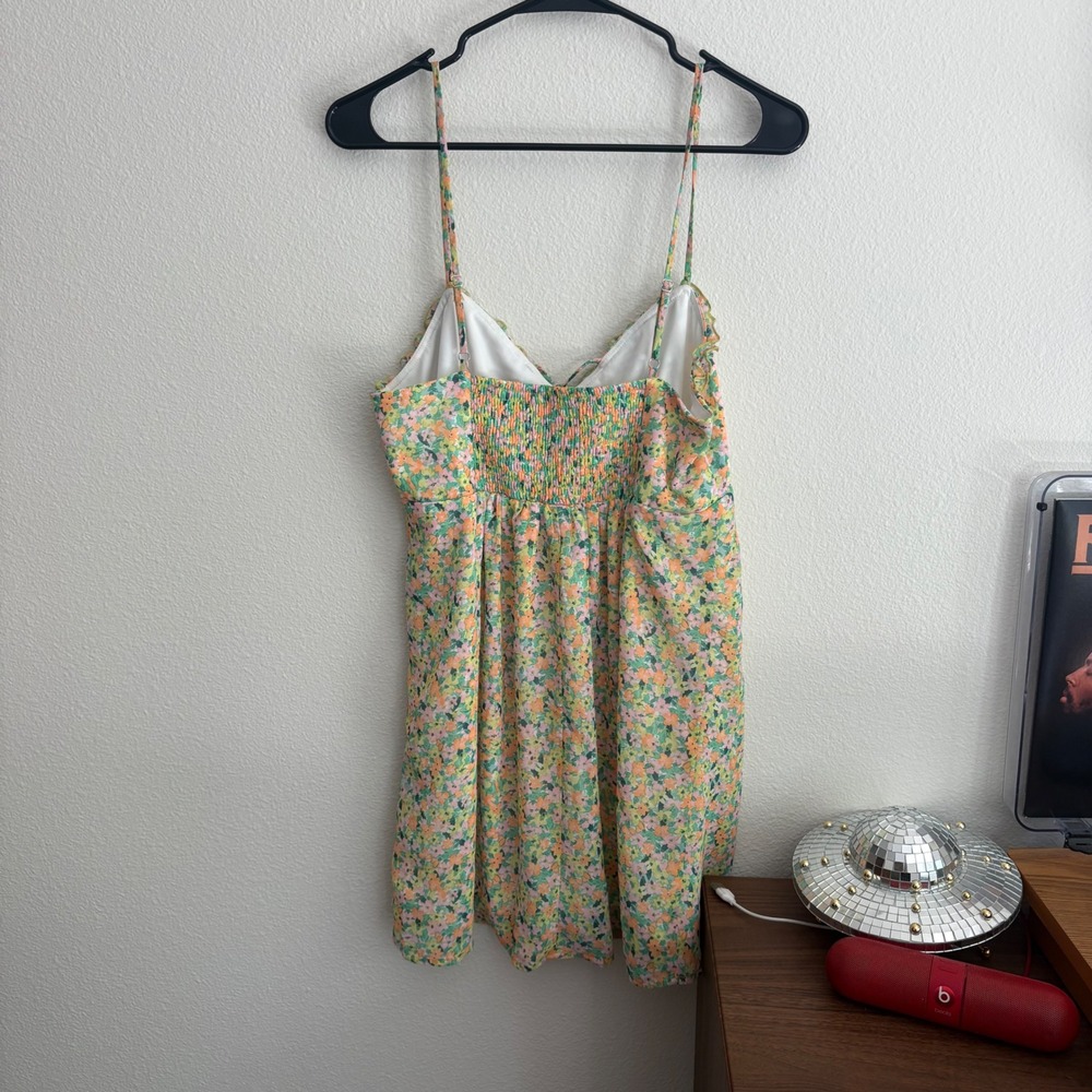 Wild Fable Floral Mini Dress Green Orange Pink Ruffle Smocked Back Womens Size M - Picture 8 of 8